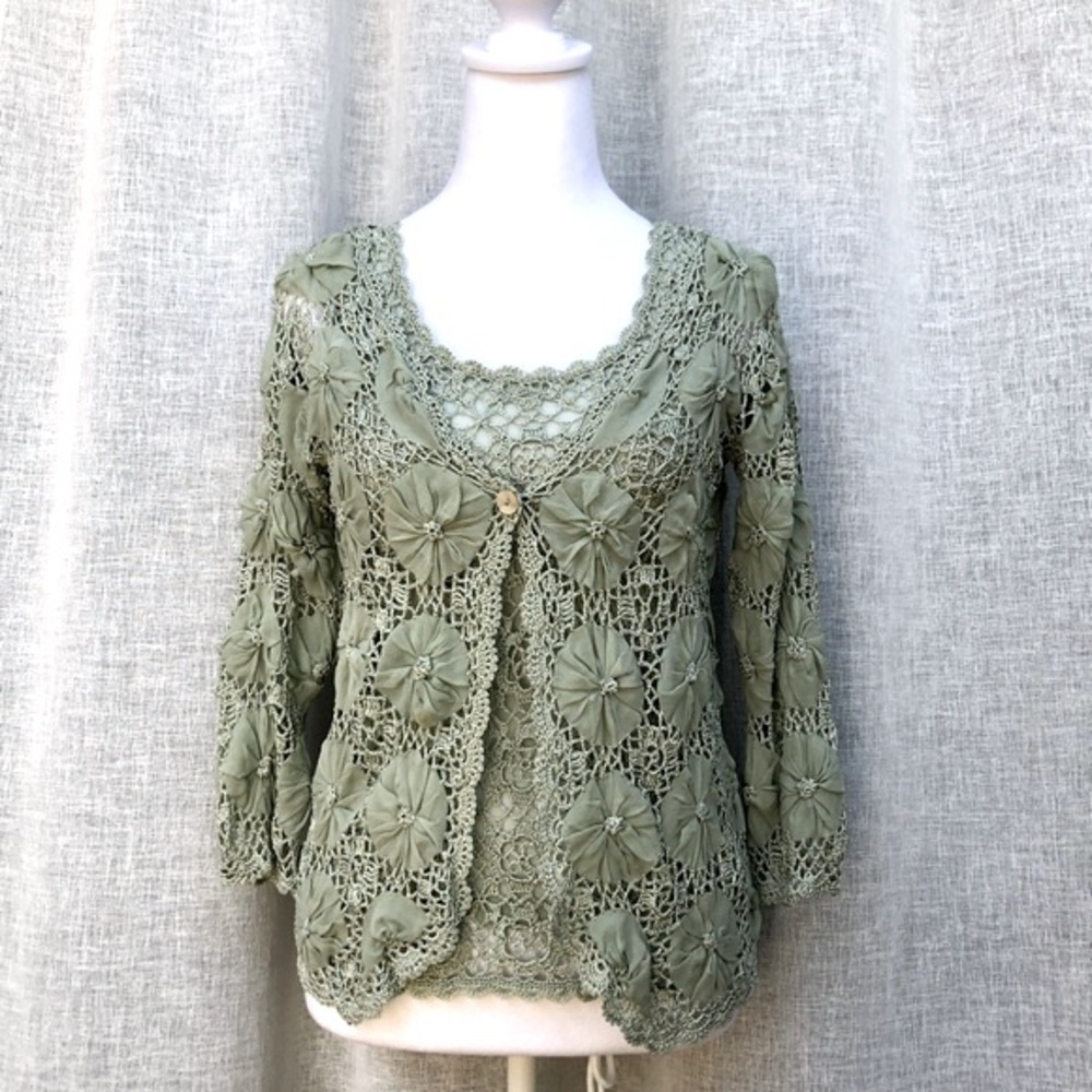 Lillie Rubin seafoam green floral crochet rayon/silk set, Sz S